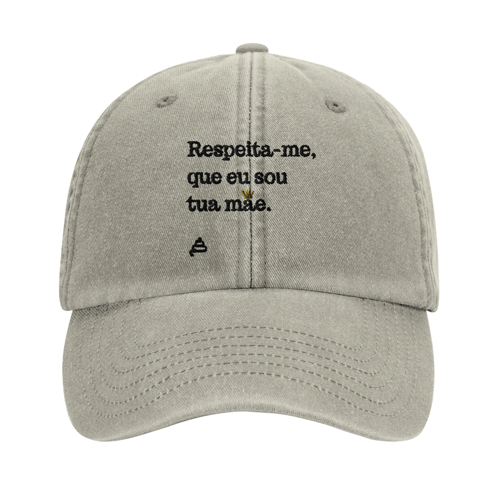 bone vintage grisalho bordado Respeita-me, que eu sou tua mãe poesia coco