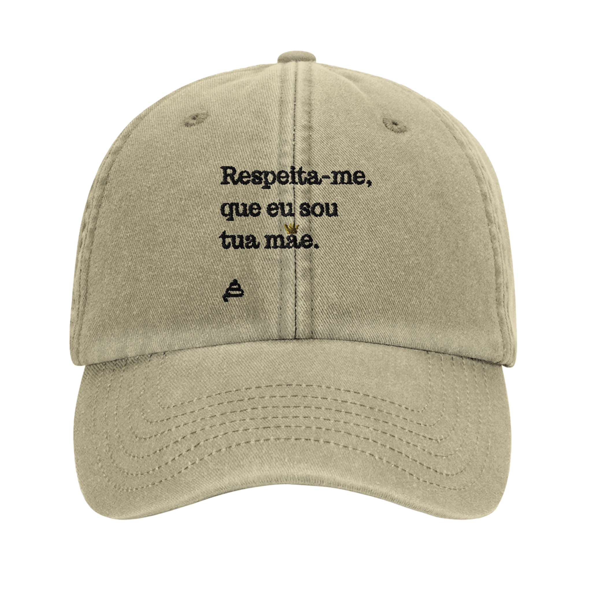 bone vintage bege bordado Respeita-me, que eu sou tua mãe poesia coco