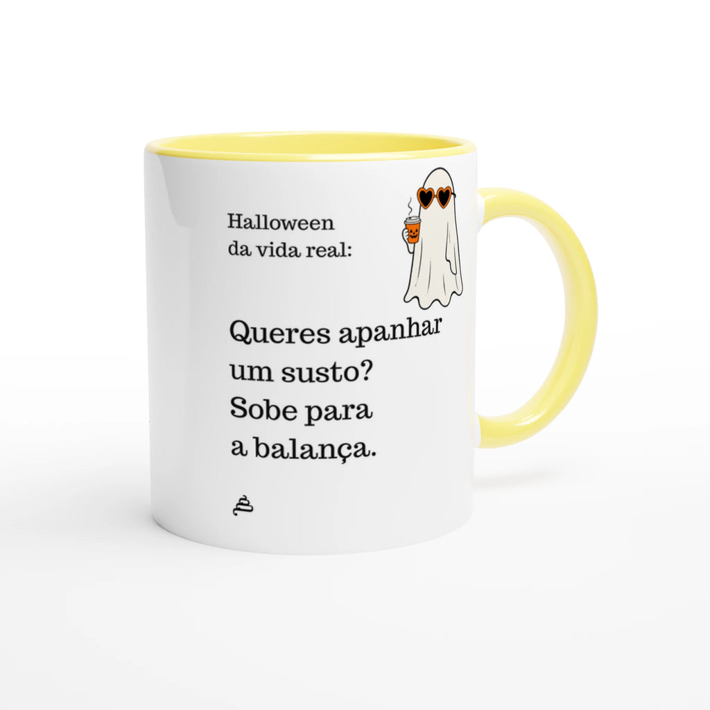 Caneca amarela Halloween da vida real: Queres apanhar um susto? Sobe para a balança — Poesia Cocó