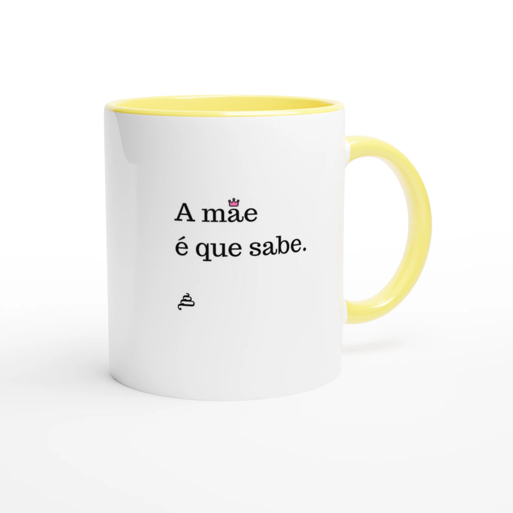 caneca branca com interior amarelo a mãe é que sabe presente dia da mãe