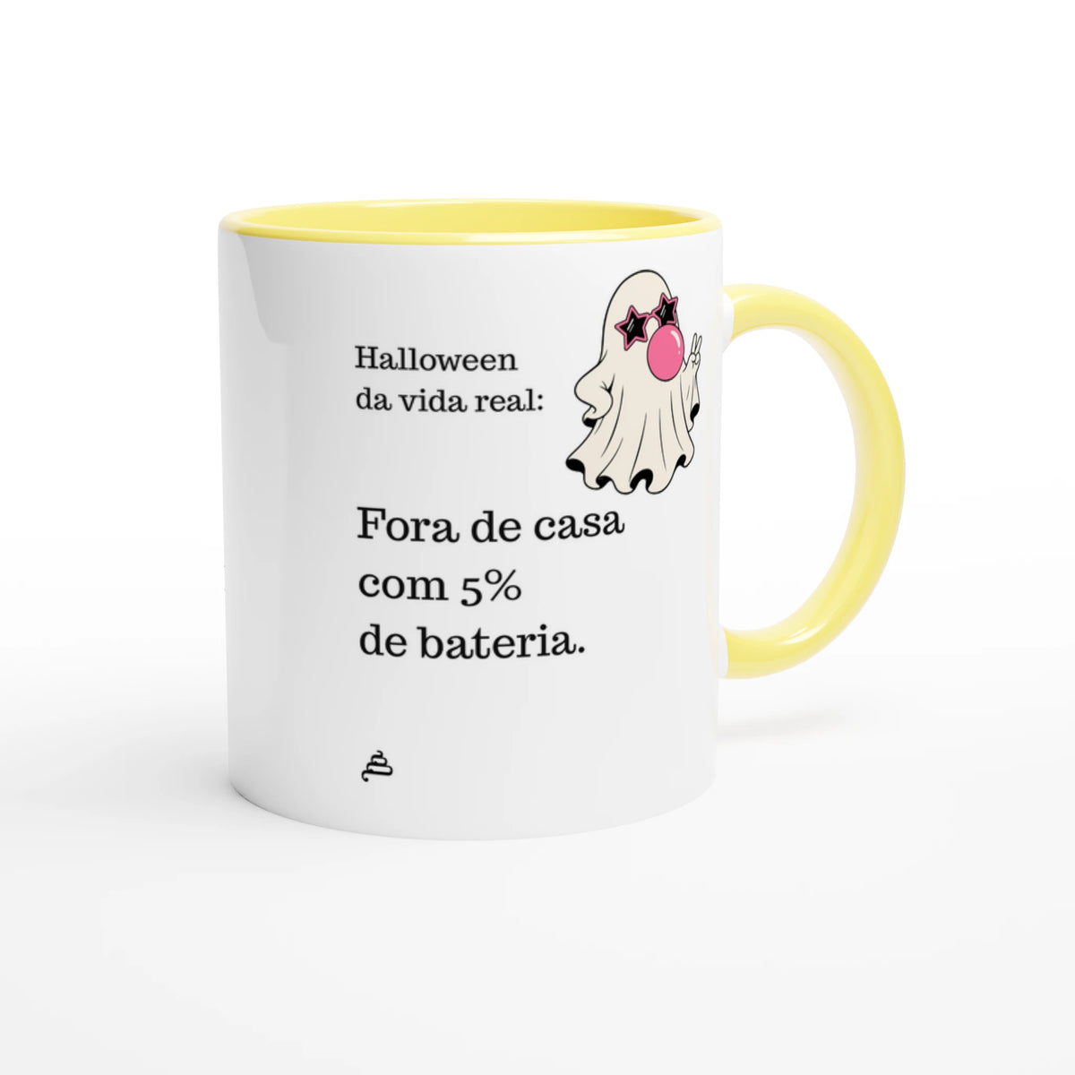 Caneca amarela Halloween da vida real: Fora de casa com 5% de bateria — Poesia Cocó