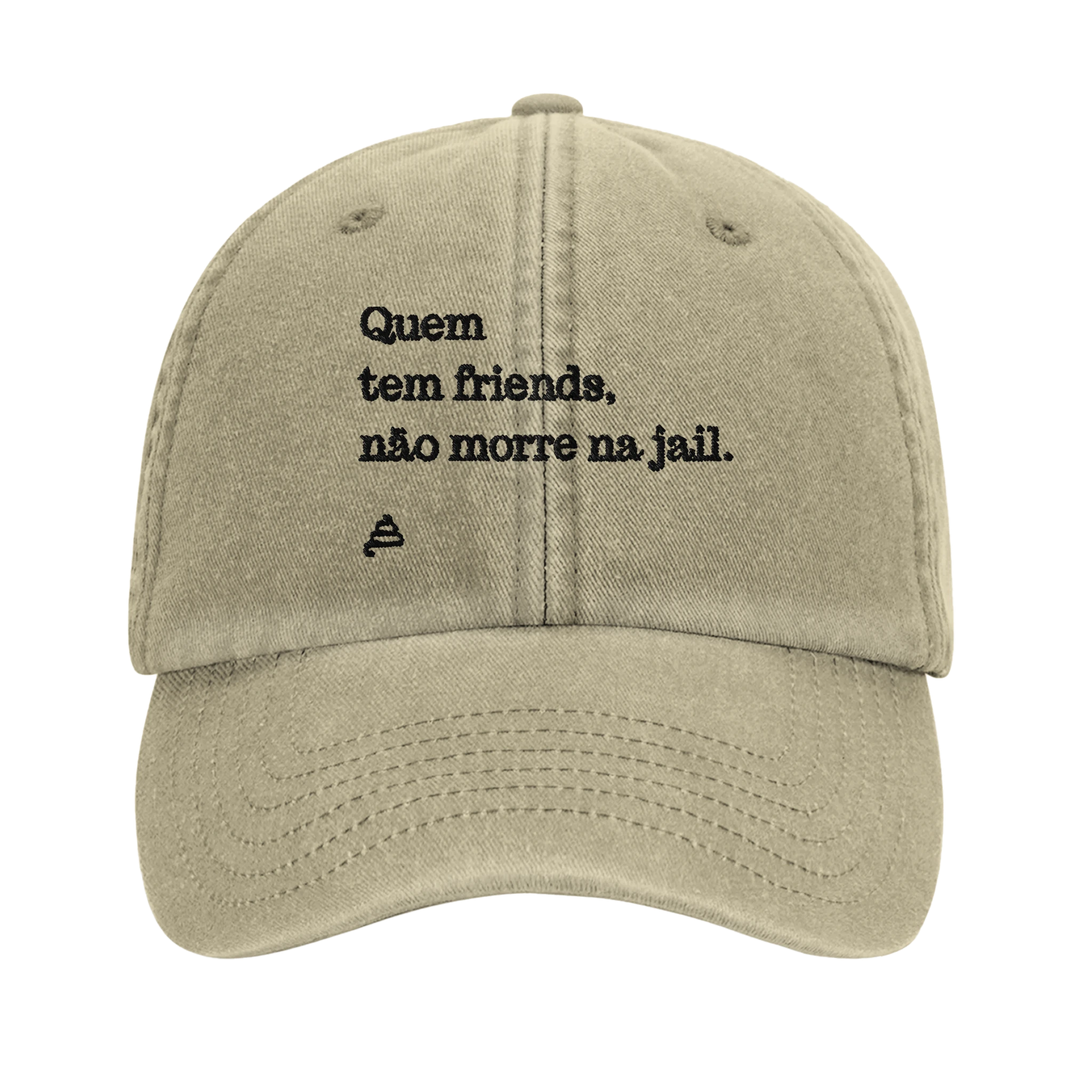 bone vintage bege bordado Quem tem friends, não morre na jail poesia coco