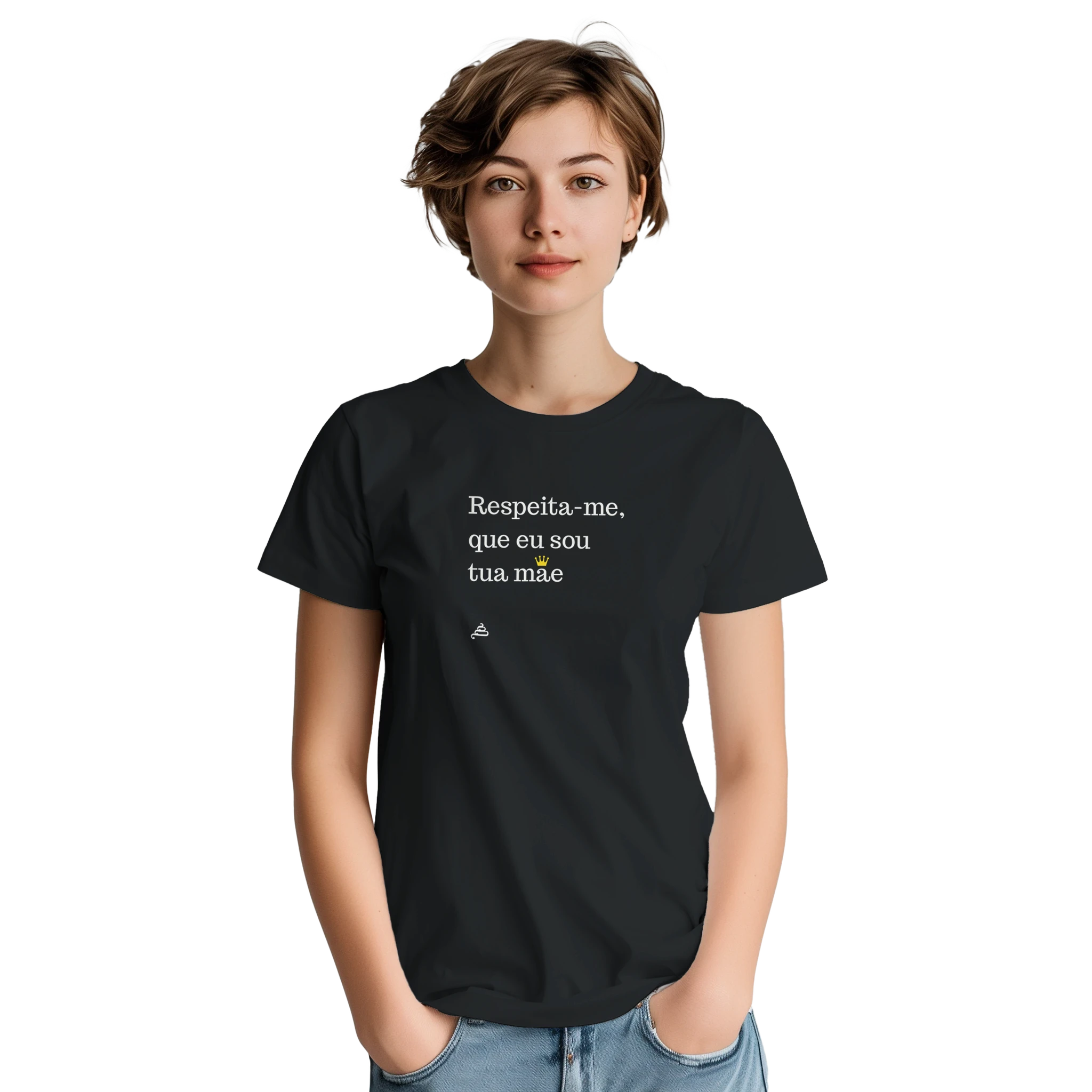 modelo mulher cabelo curto t-shirt respeita me mãe