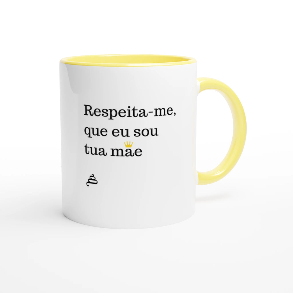 caneca branca com interior amarelo Respeita-me, que eu sou tua mãe presente dia da mãe