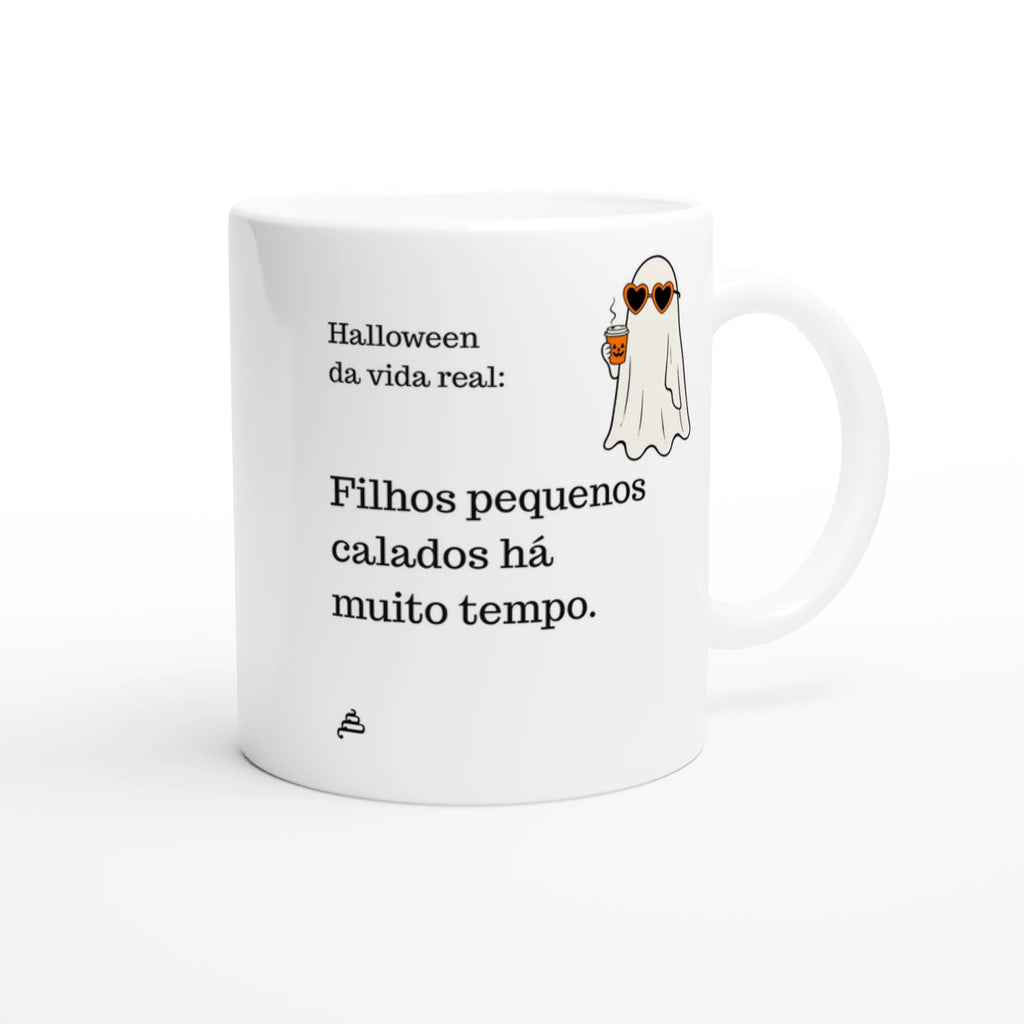 Caneca branca Halloween da vida real: Filhos pequenos calados há muito tempo — Poesia Cocó